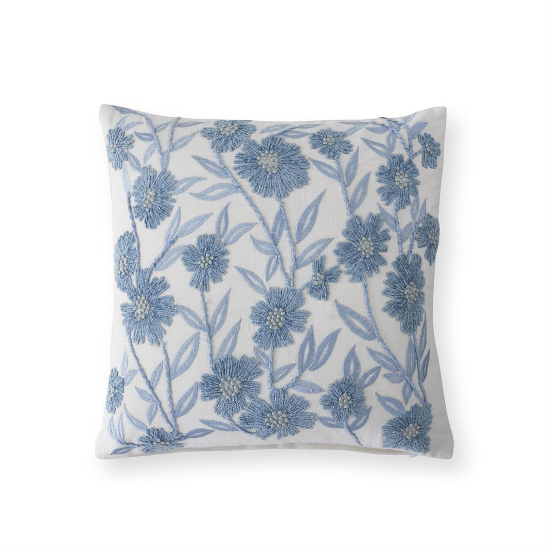 White Linen & Blue Floral Square Pillow