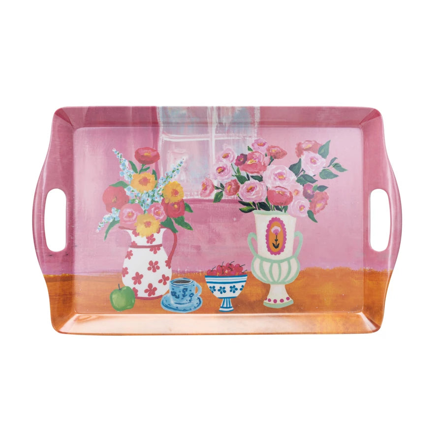 Tray w/ Flowers in Vases & Handles