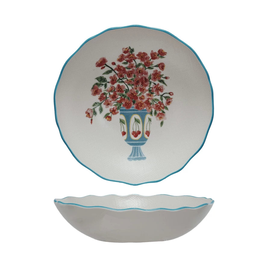 Textured Stoneware Salad Bowl w/ Flowers in Vase