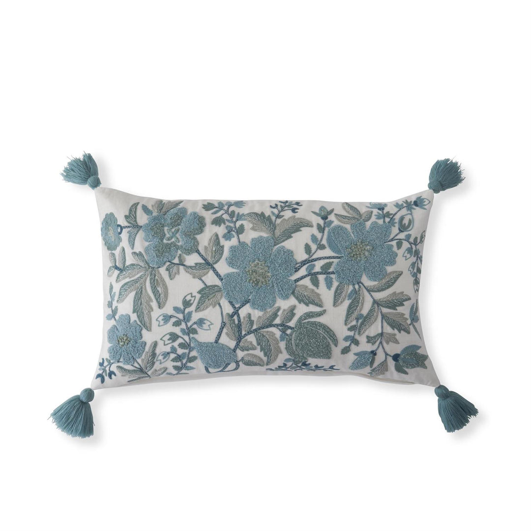 White Linen & Blue Floral Lumbar Pillow