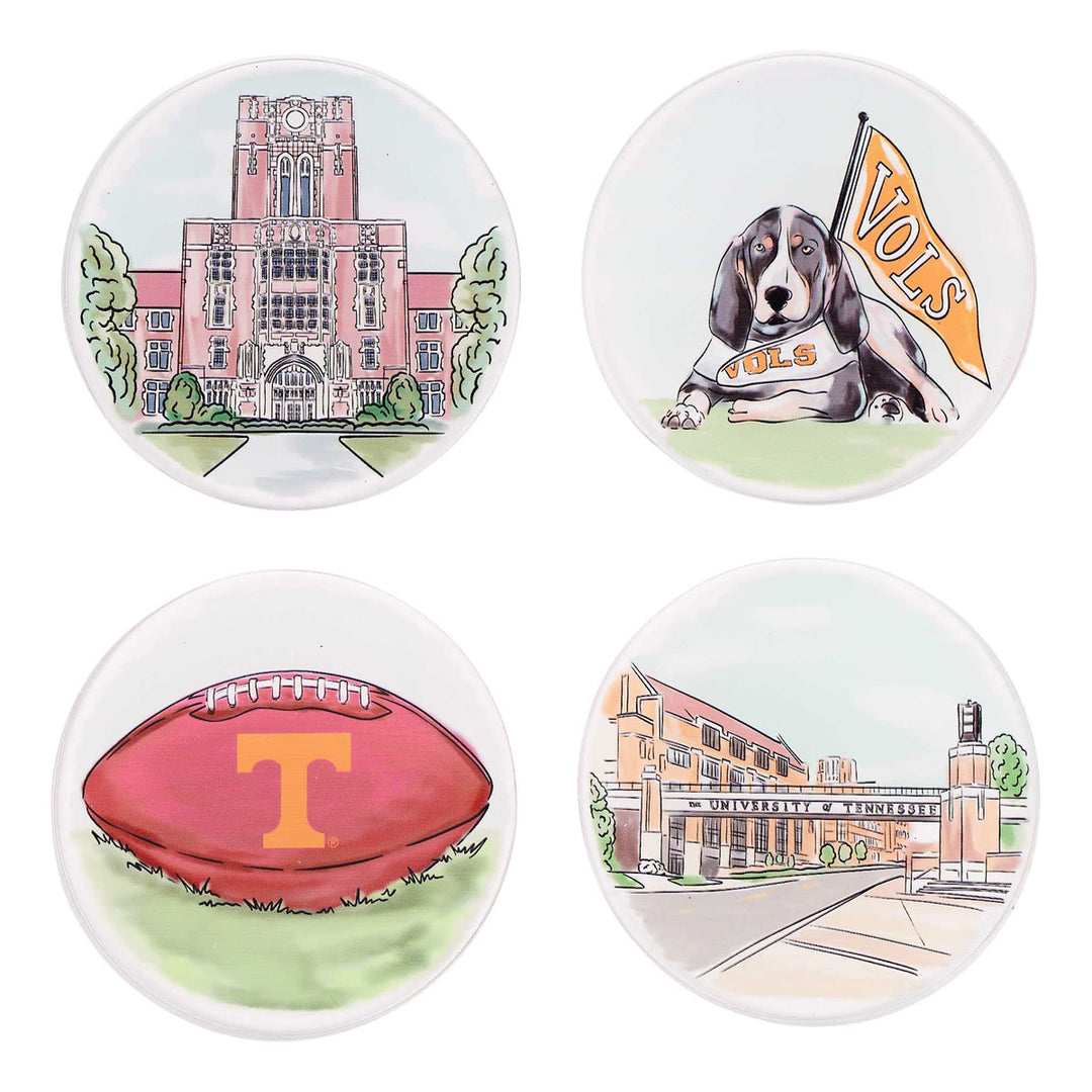 Set of four coasters with University of Tennessee-themed illustrations
