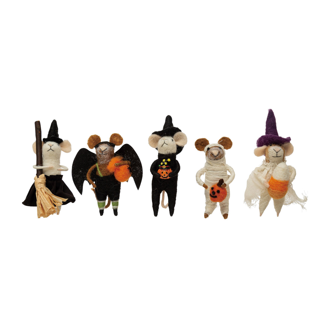 Wool felt mice in various costumes including a witch, a mummy, and a bat standing upright.